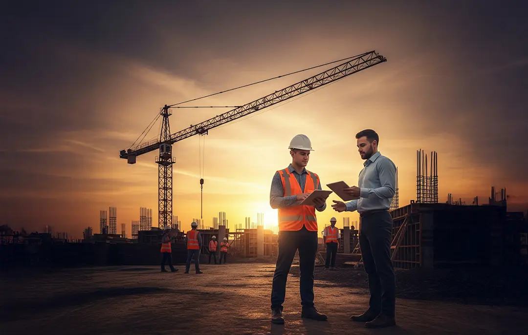 Two engineers or project managers review plans at a construction site during sunset