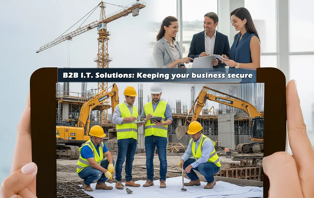 Graphic of a construction team on a tablet with the text B2B IT Solutions: Keeping your business secure