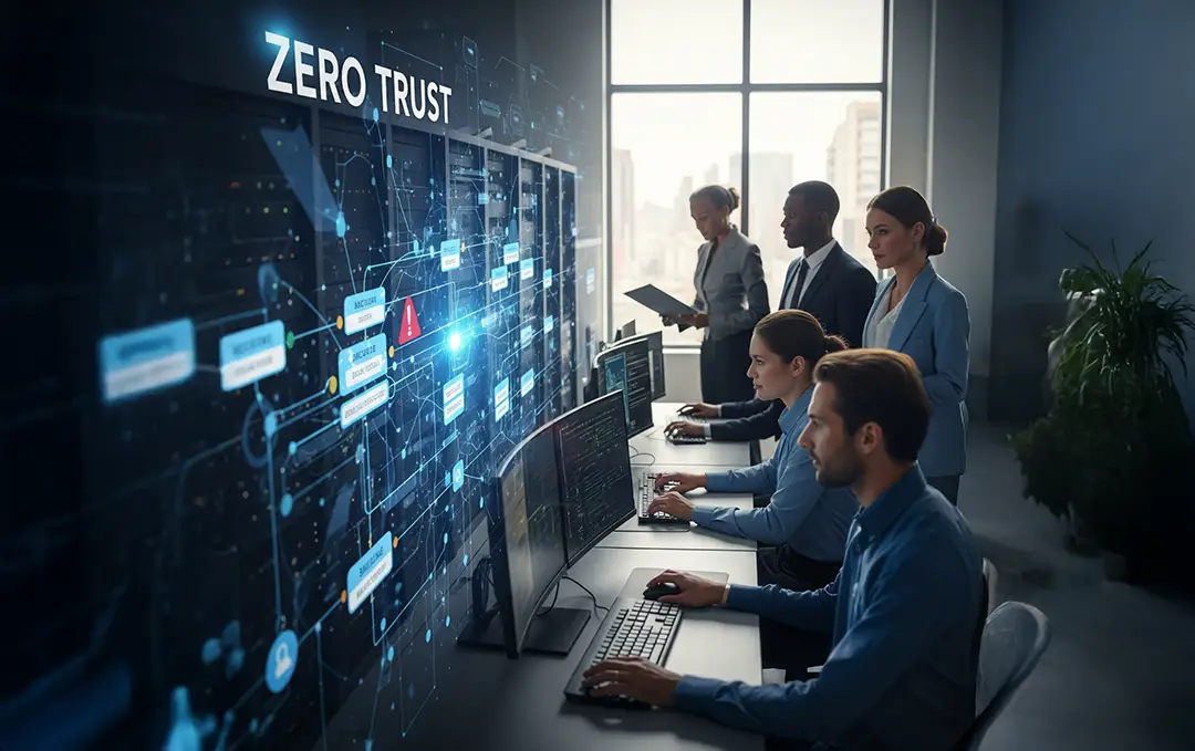 A team of diverse IT professionals and data analysts monitors a large digital wall with a complex zero-trust network diagram and data flow