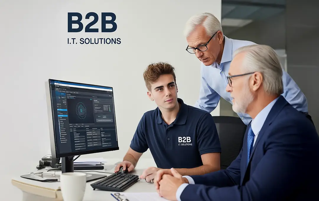 B2B IT Solutions consultant providing technical support and guidance to two male business clients