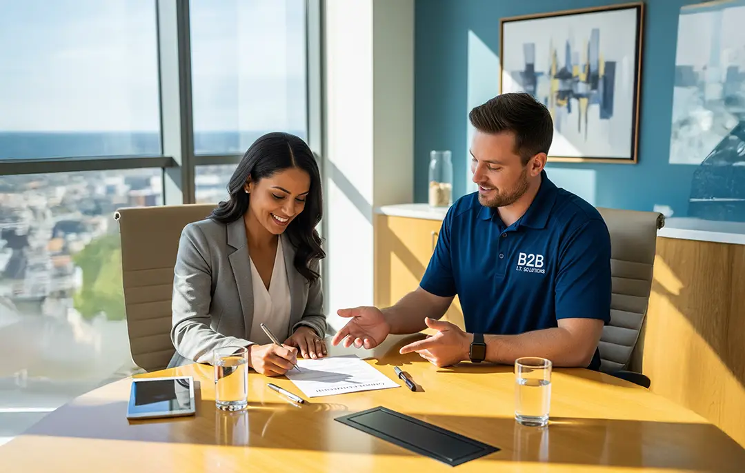 A business client signs a managed services agreement with a B2B IT Solutions provider