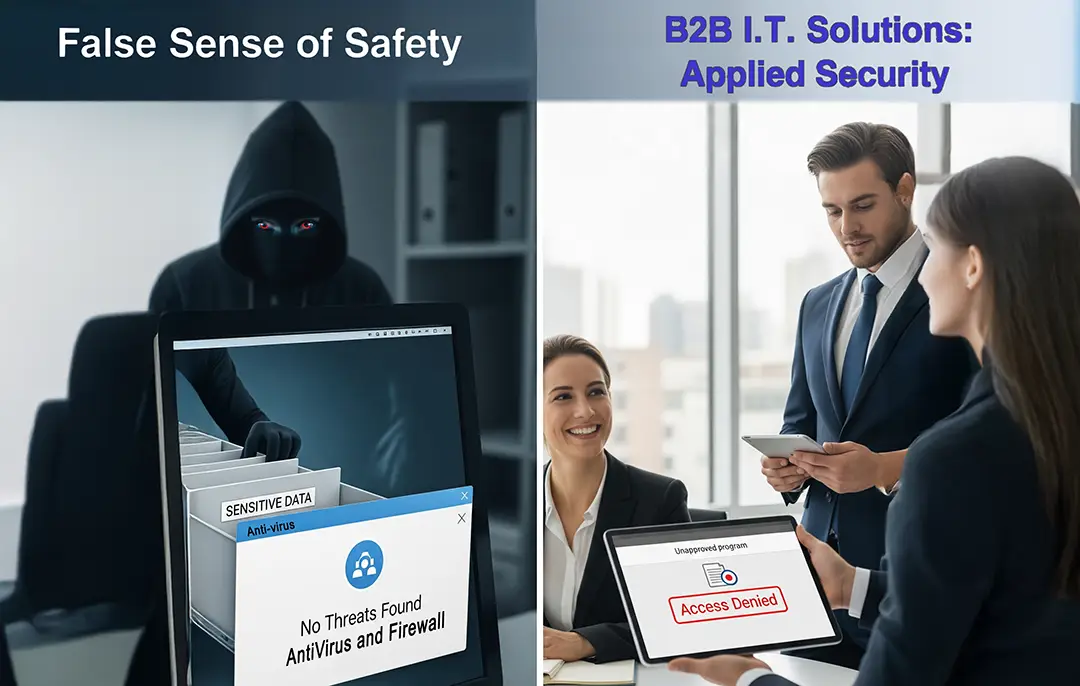 A graphic contrasting a false sense of security with a B2B IT Solutions team that provides real, applied security