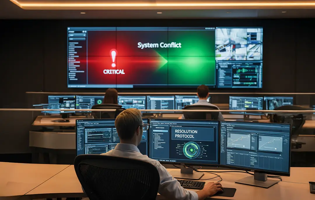 A security team works in a control room, responding to a critical System Conflict alert on a large video wall