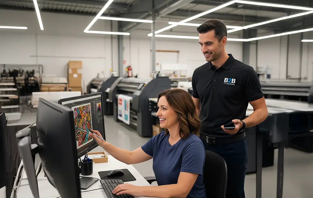 A B2B IT Solutions professional provides on-site support to a smiling client working on a graphic design program with large-format printers in the background