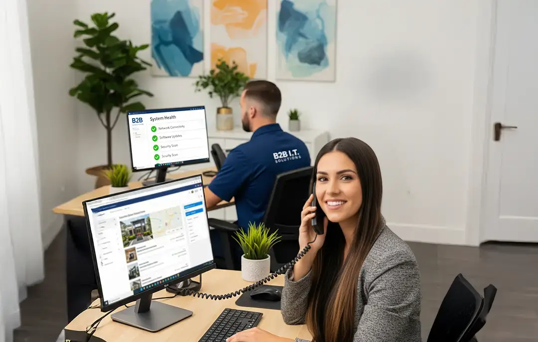 A woman in a modern office smiles while on the phone, while a male B2B IT Solutions technician works on a system health checklist