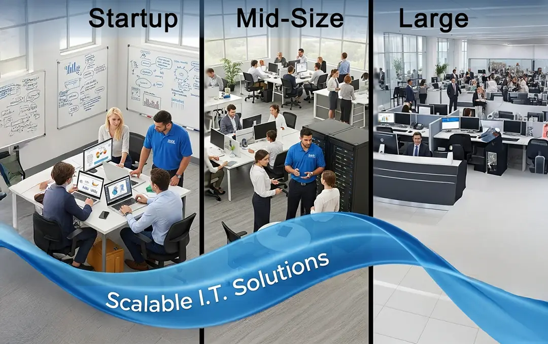 Graphic illustrating B2B IT Solutions supports startups, mid-sized companies, and large enterprises