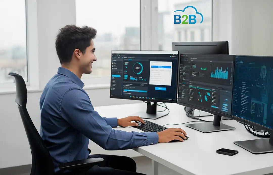 A B2B IT professional manages a network with a multi-monitor setup