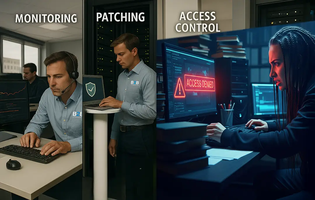 Graphic illustrating the B2B IT Solutions multi-step cybersecurity process including system monitoring, software patching, and access control