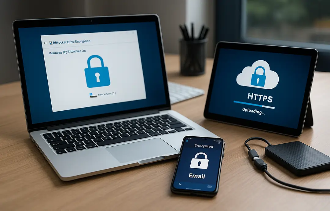 A laptop shows a BitLocker drive encryption screen, a tablet shows an HTTPS cloud upload, and a smartphone displays an encrypted email