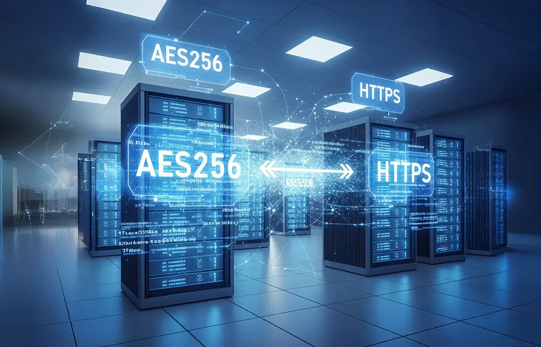 Graphic of a data center illustrating secure network communication with AES256 and HTTPS encryption