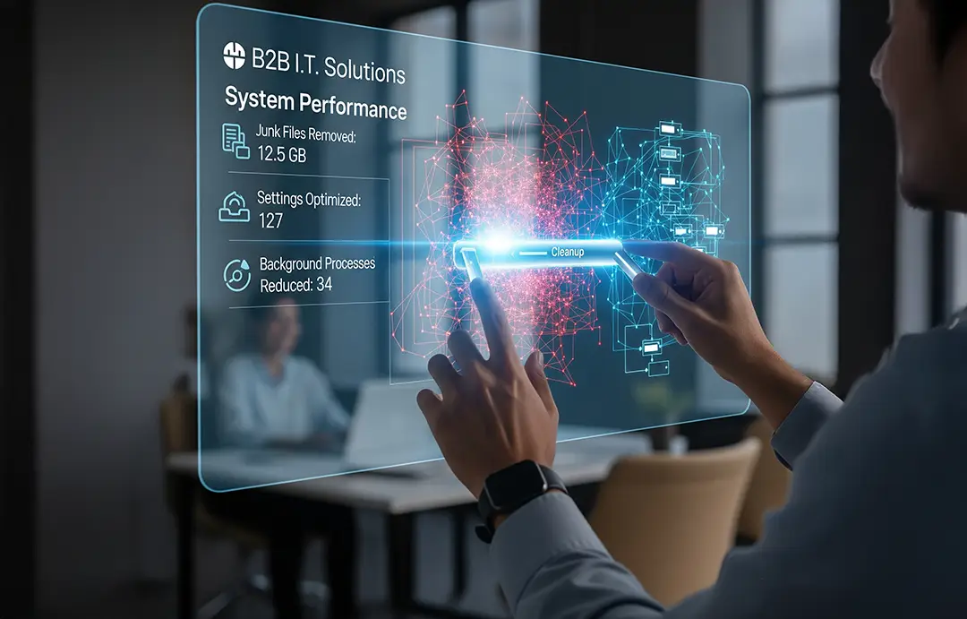 Graphic of a B2B I.T. Solutions technician implementing a system performance cleanup and optimization using a futuristic holographic dashboard
