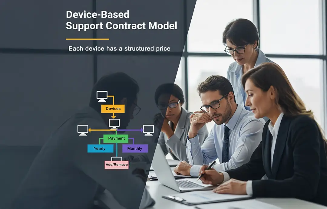 Graphic of a business team analyzing the B2B IT Solutions device-based IT support contract model with structured pricing