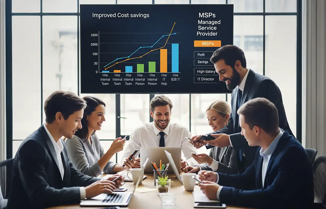 Business team analyzing a presentation about improved cost savings from using a Managed Service Provider