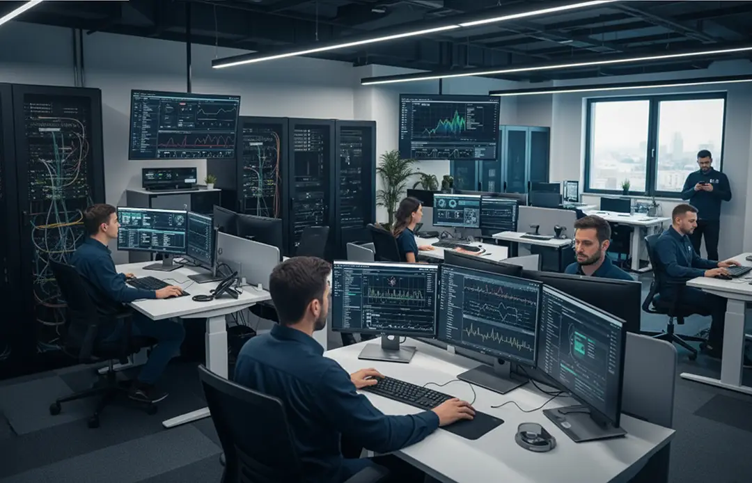 A team of cybersecurity analysts works in a modern data center