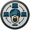 The globe is encircled by three laptops and a security shield