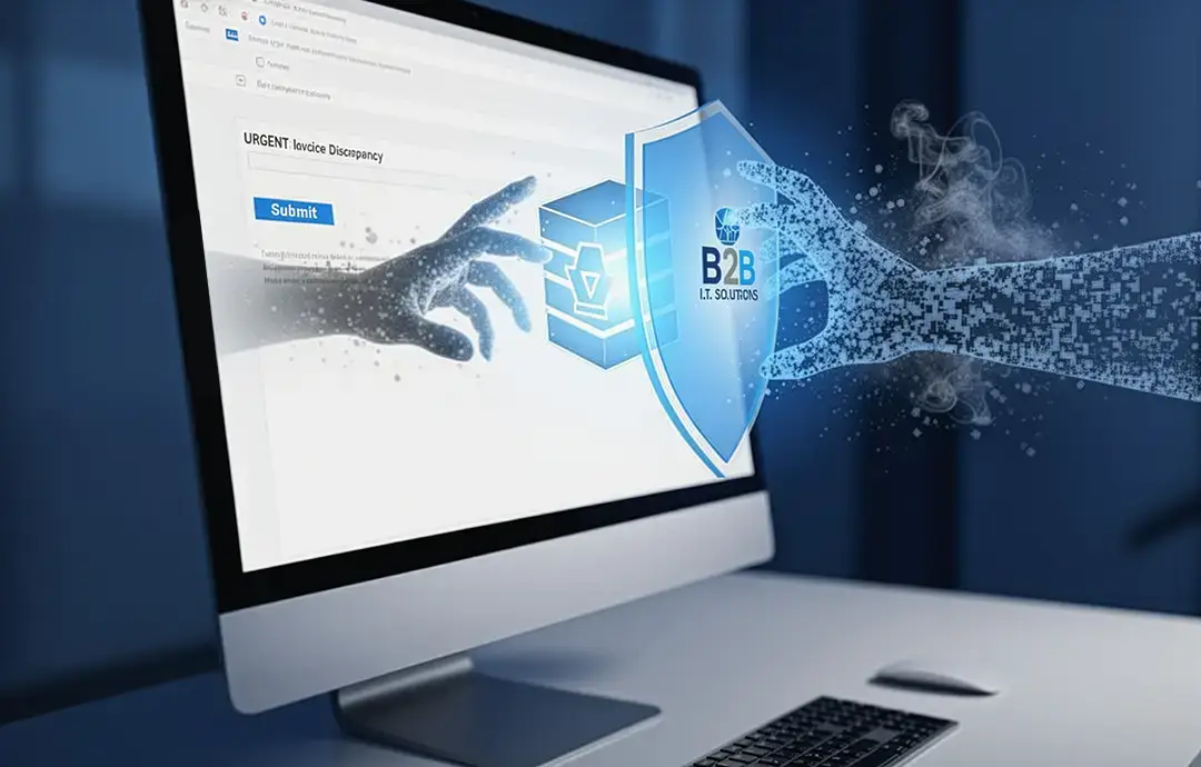 A digital shield from B2B IT Solutions protects a computer from a cyber threat.