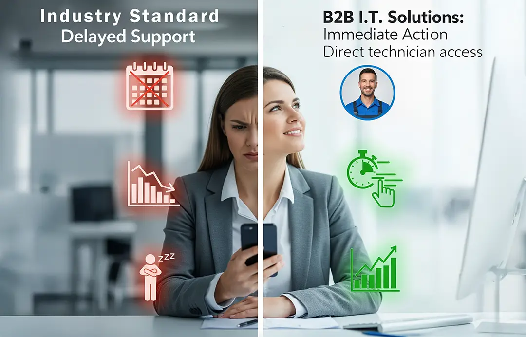 Graphic comparing delayed IT support with immediate and direct technician access from B2B IT Solutions.