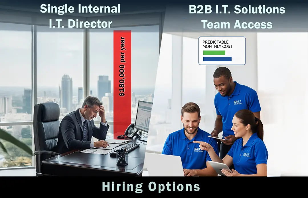 A split image comparing a stressed IT director with a costly salary against a collaborative B2B IT Solutions team with a predictable monthly cost