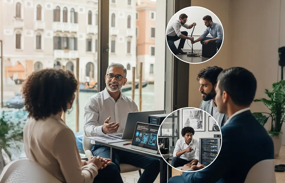 A business meeting takes place, with overlaid circular images showing technical experts working with cables and computers to provide support