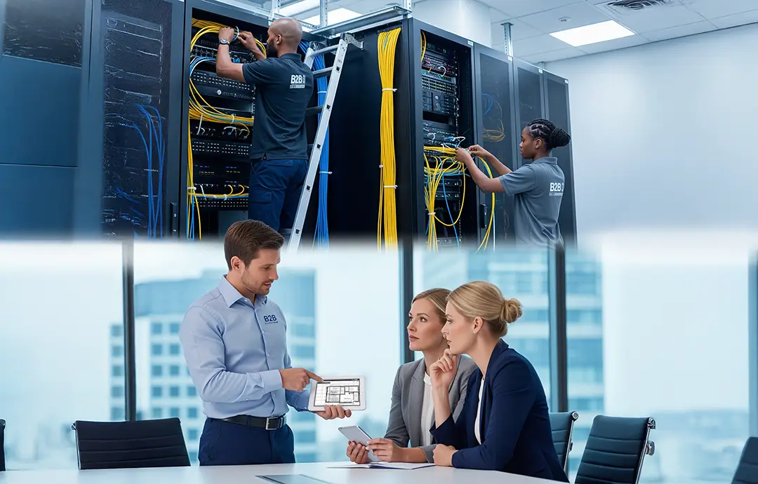 Graphic showing the B2B IT Solutions team's full-service approach, from on-site technical work to business consultations
