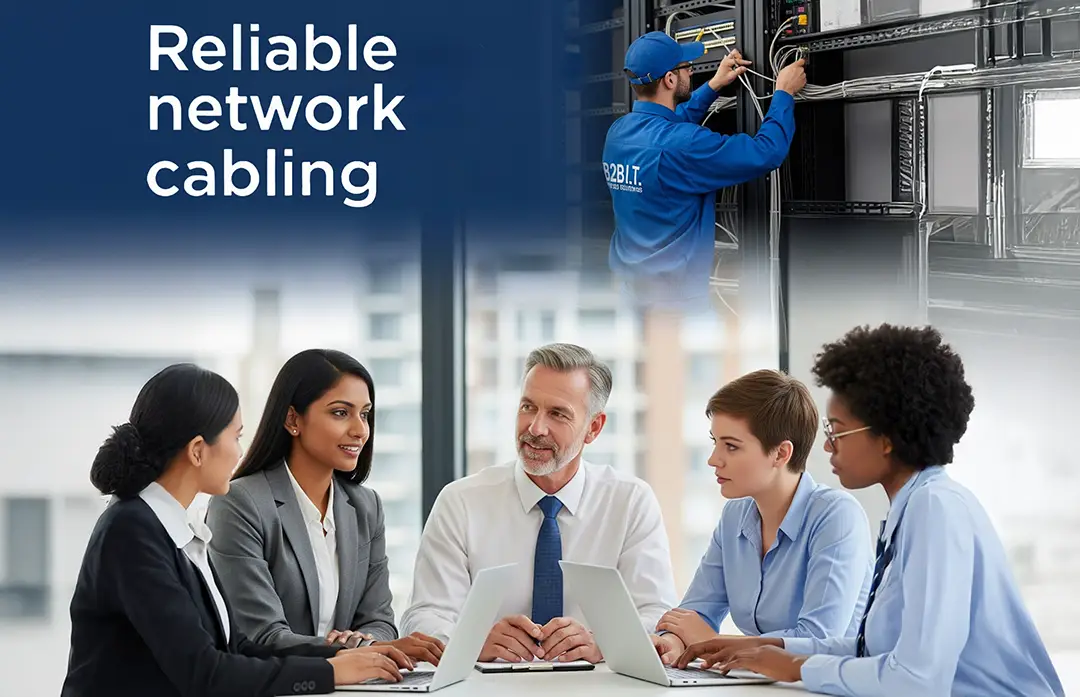 A business team meets while a B2B IT Solutions technician works on installing network cabling
