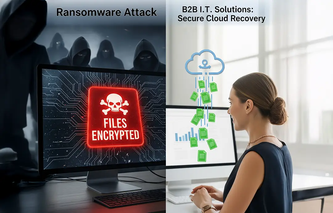 Graphic showing the process of a ransomware attack and the secure cloud recovery solution provided by B2B IT Solutions