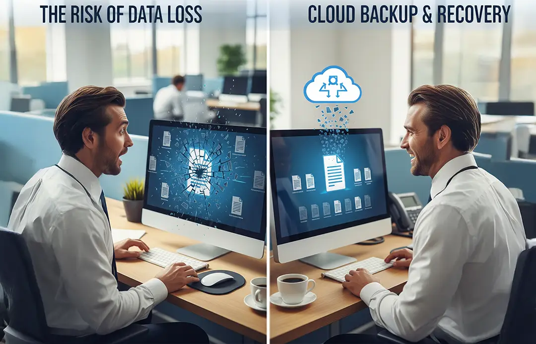 Graphic illustrating the danger of data loss and the solution of cloud backup and recovery