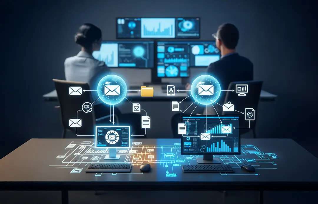 Graphic of two B2B IT Solutions experts managing and securing data flow between connected computers