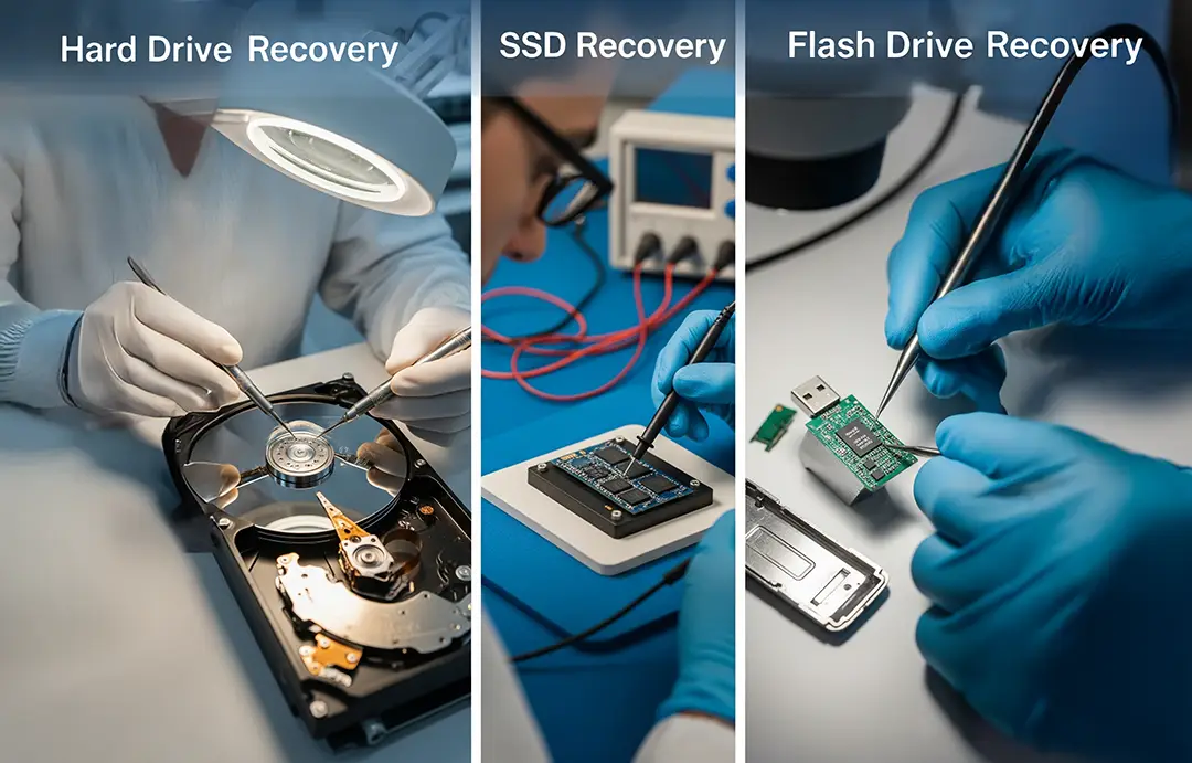 Graphic of professional data recovery for hard drives, SSDs, and flash drives