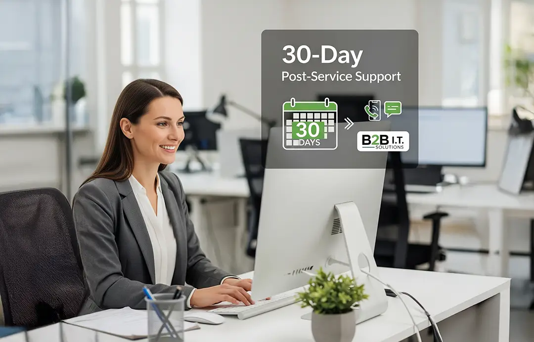 A woman at her desk smiles with a graphic overlay for 30-day post-service support from B2B IT Solutions