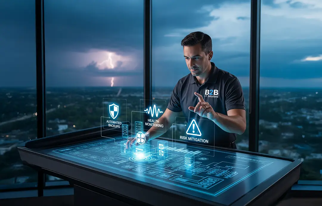 Graphic of an IT professional using a technology assessment table to perform automated backups and risk mitigation in preparation for a lighting storm