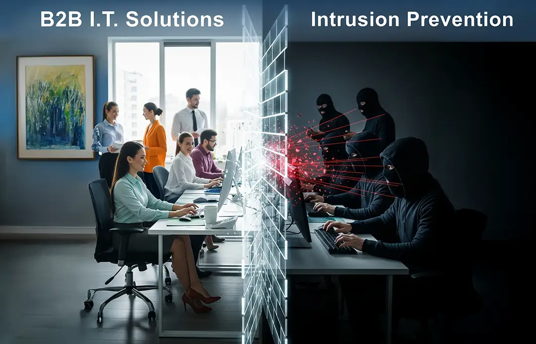 A graphic showing a B2B IT Solutions intrusion prevention software and firewall protecting an office team from hackers