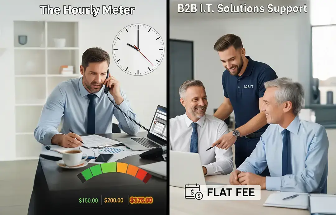 Graphic showing the cost-effectiveness of B2B IT Solutions flat-fee support compared to expensive hourly IT support