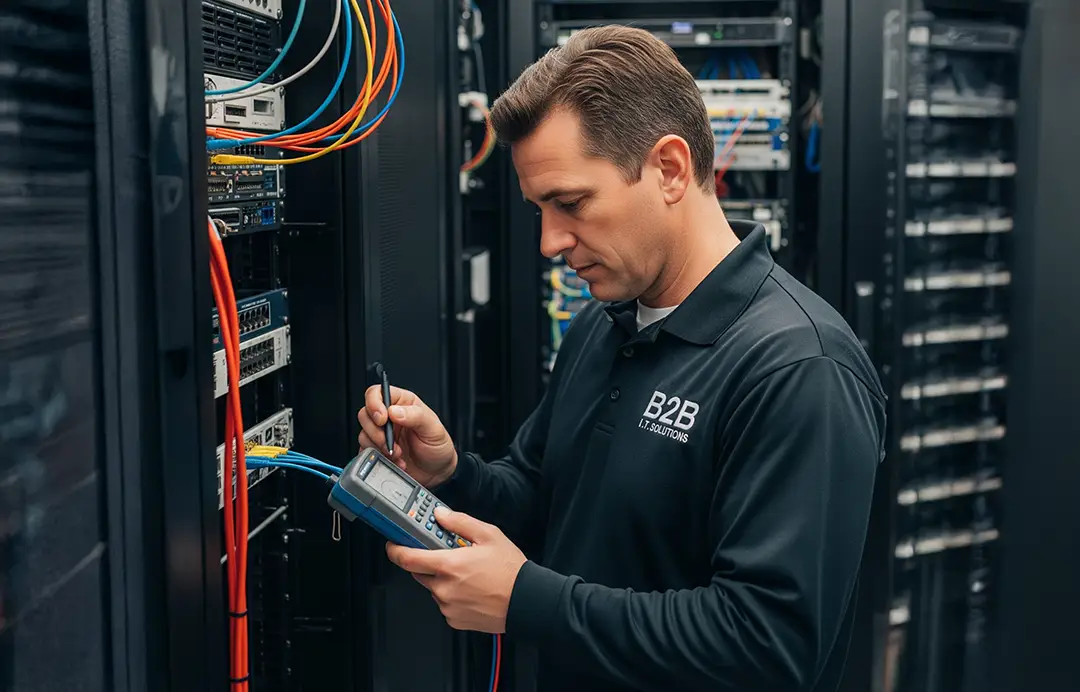 B2B IT Solutions professional performing network diagnostics and cabling tests on a business server