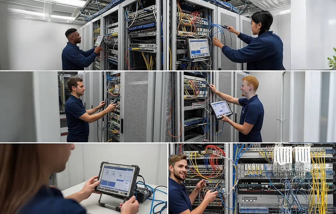 A diverse team of B2B IT technicians work on network servers and cabling