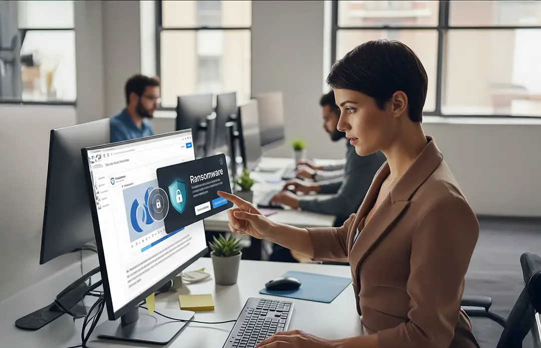 Graphic of a professional business woman facing a ransomware threat that is automatically blocked by B2B I.T. Solutions cybersecurity software