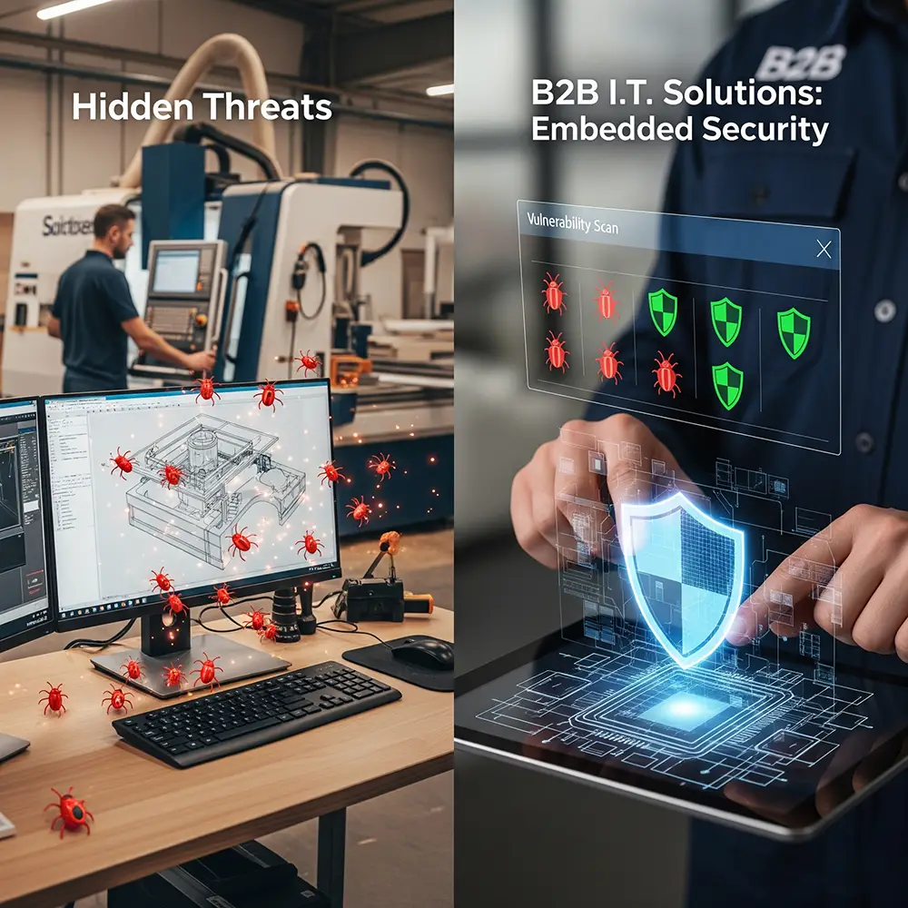 Displaying the choice between having hidden malware threats on a computer or using embedded cyber security solutions from B2B IT Solutions.