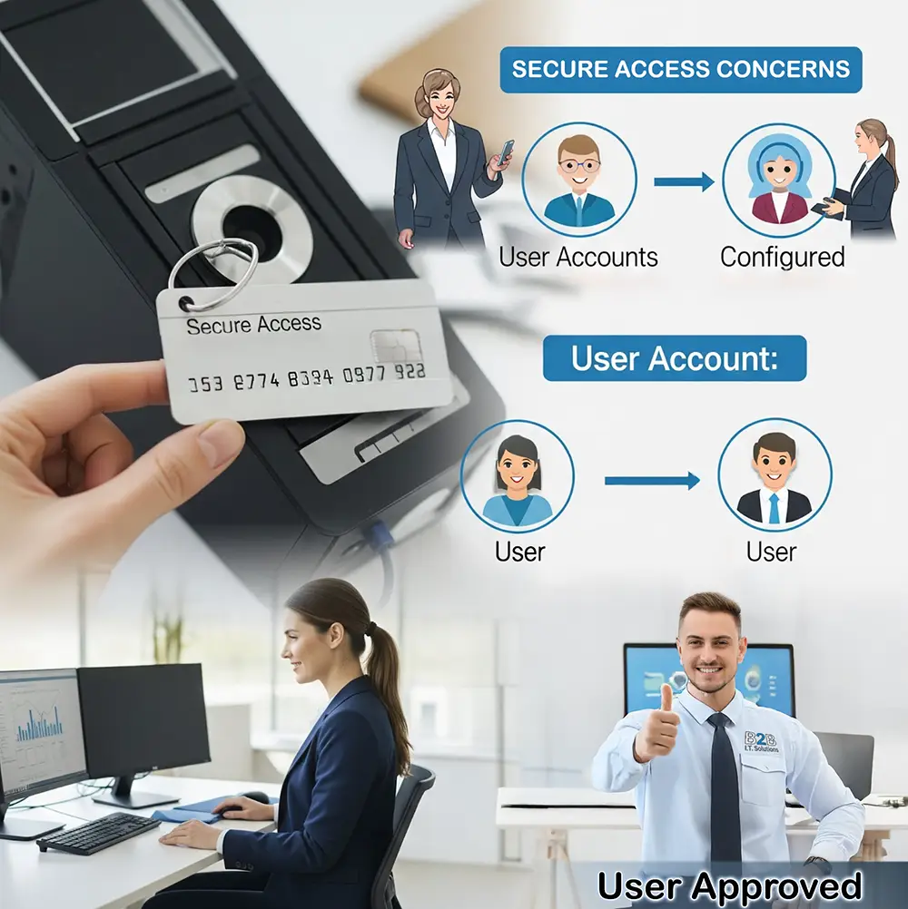 Showing the process for user account security, from initial concerns to final user approval.