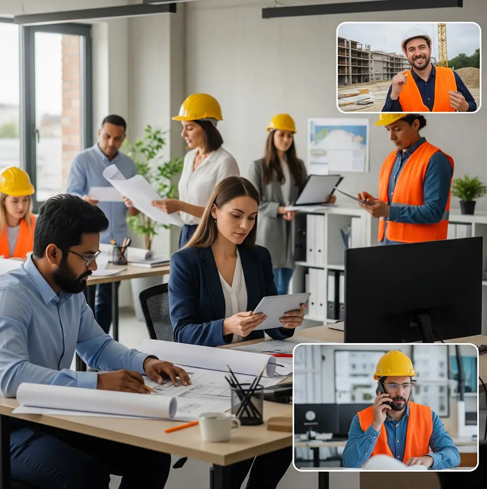 Professionals in the construction industry work on plans and manage projects in a busy office environment.