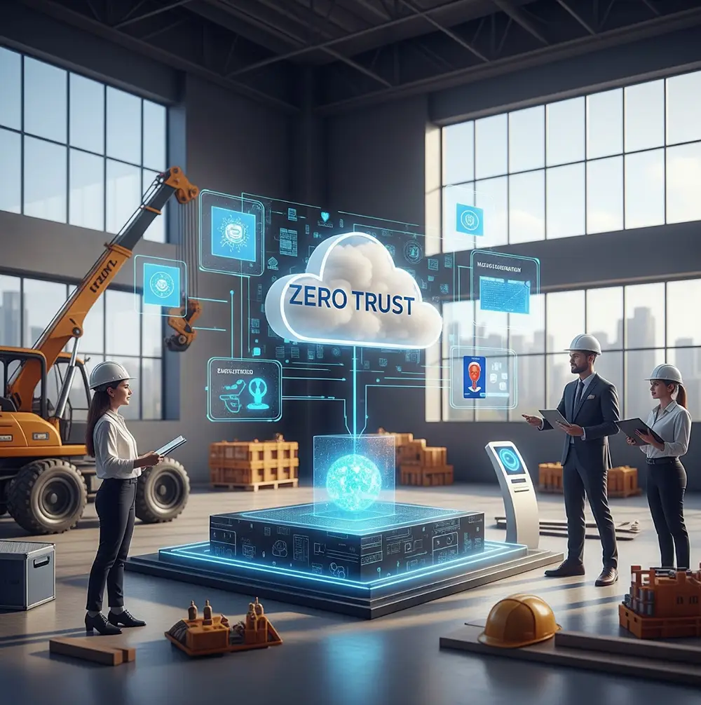 Construction management and employees in a warehouse discuss a zero trust security network on a holographic display.