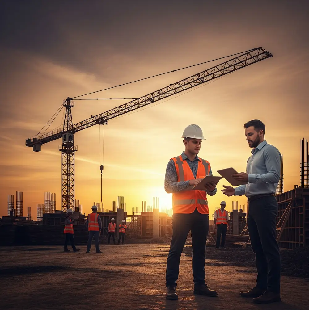 Two construction professionals review plans on a tablet at a job site during sunset.