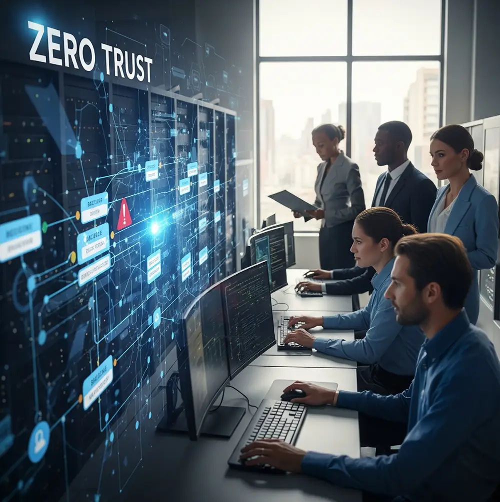 A team of diverse IT professionals and business leaders watches a large digital wall detailing a complex zero trust cybersecurity network with a security alert.