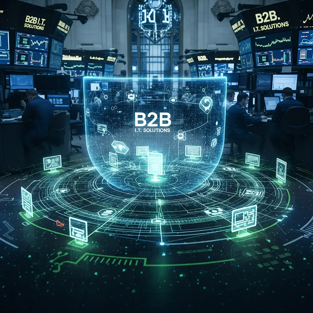 A futuristic glowing cybersecurity shield from B2B I.T. Solutions protecting a server in a financial trading environment.