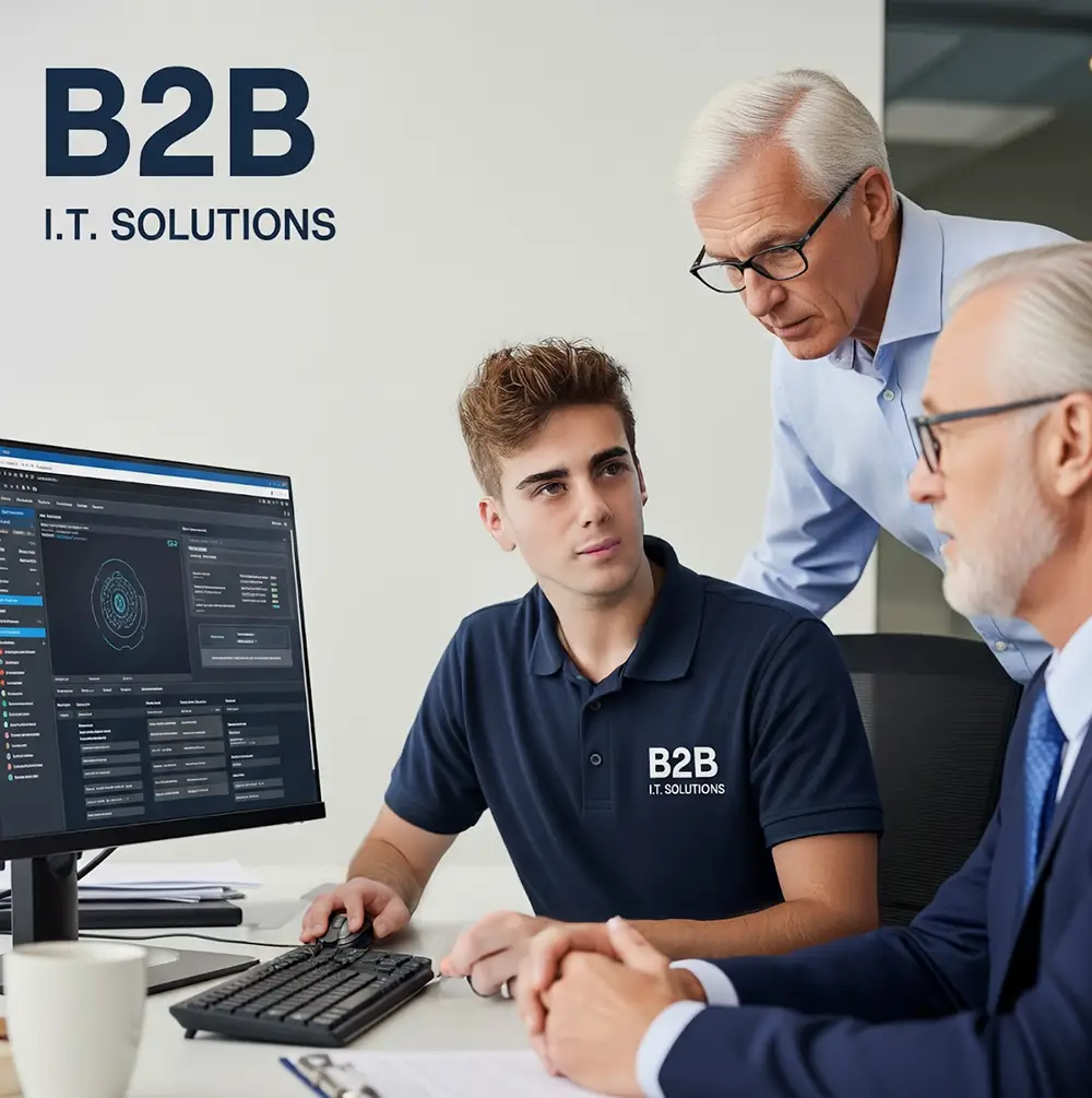 A B2B IT professional assists two financial clients with a computer program.