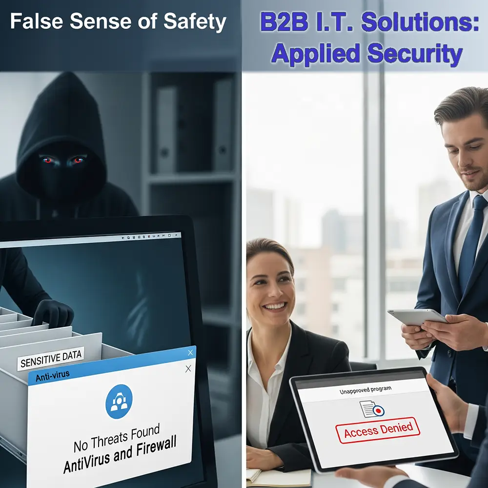 B2B I.T. Solutions provides applied security that prevents unauthorized access, contrasting it with the false safety of basic antivirus software.