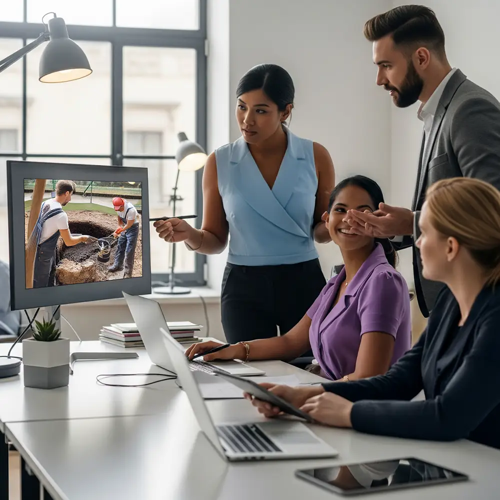 An office team reviews a work site video on a computer.