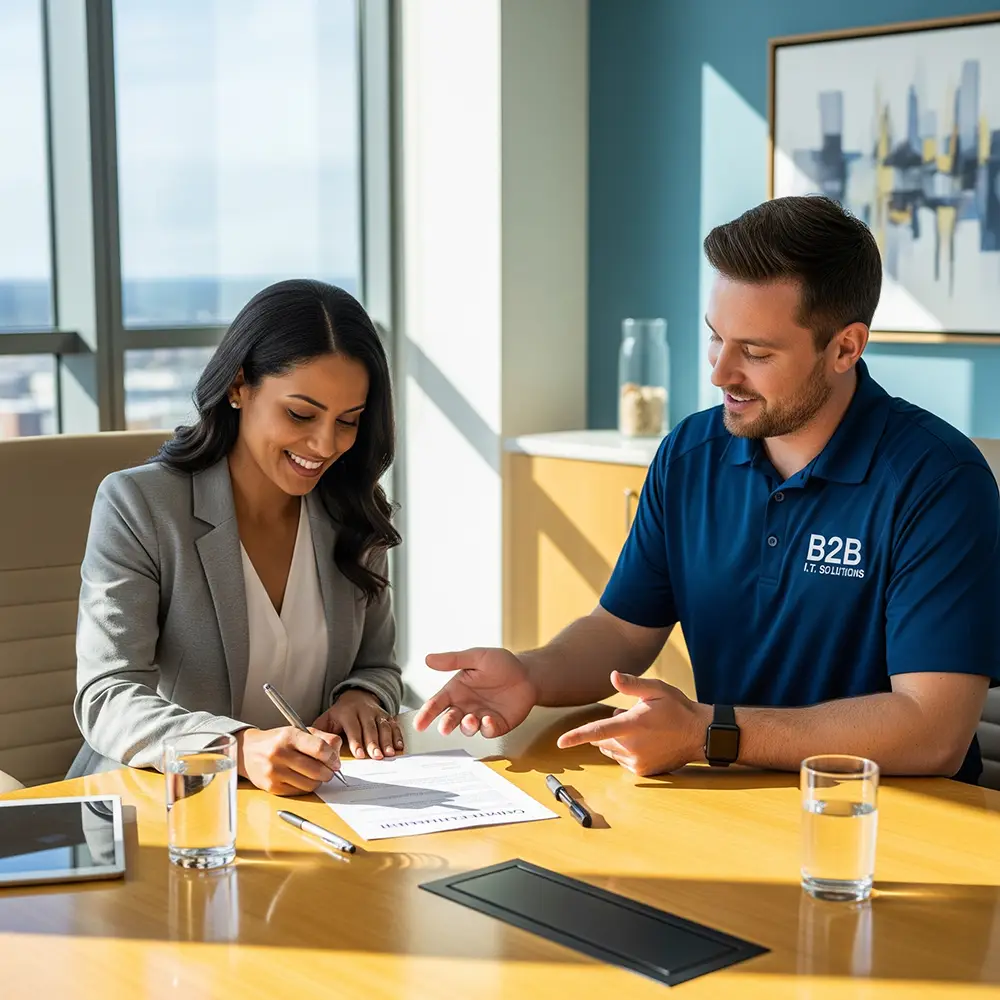 A business woman signs a managed service provider contract with a B2B IT Solutions consultant.