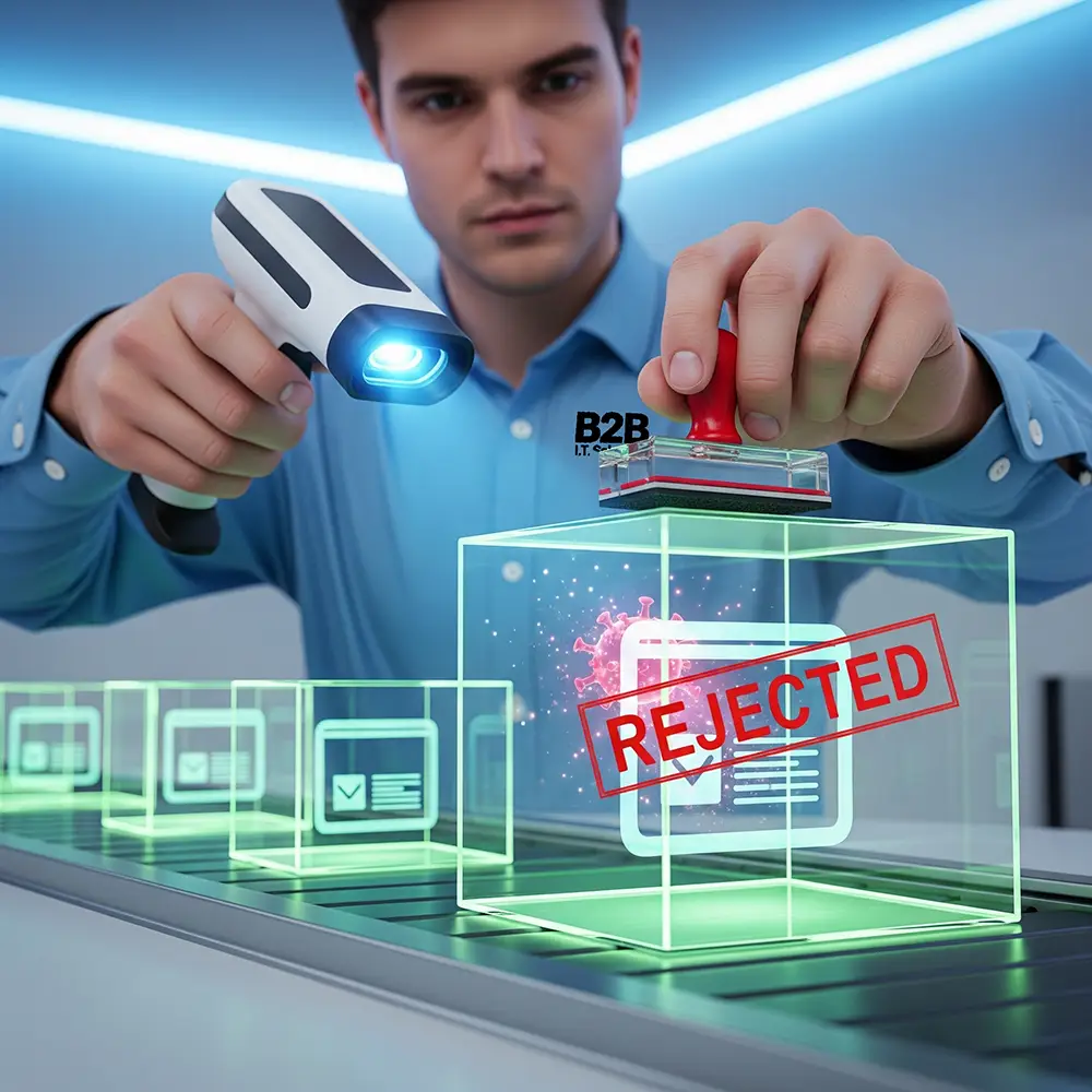 A B2B IT Solutions technician uses a futuristic scanner and a digital stamp to reject a glowing, virus-infected file.