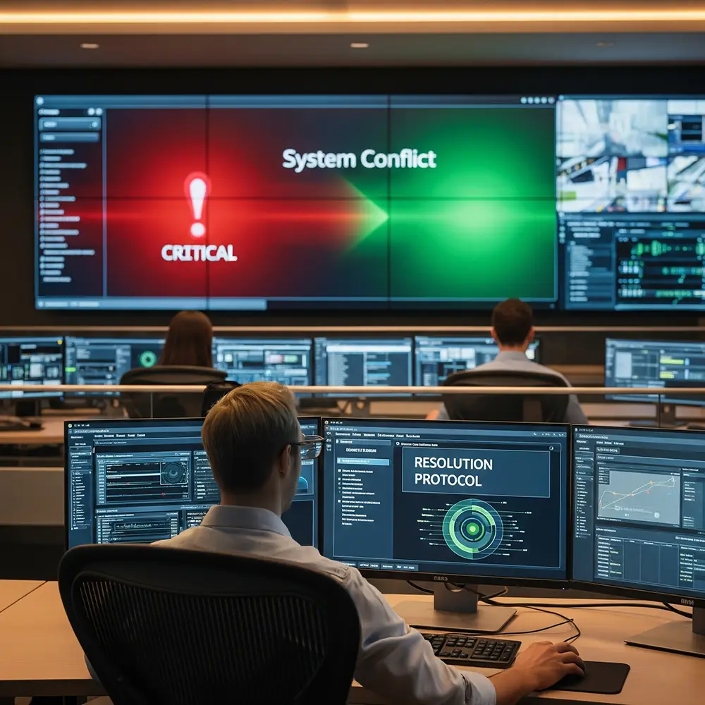 A team of B2B IT professionals responds to a critical system conflict in a security operations center.