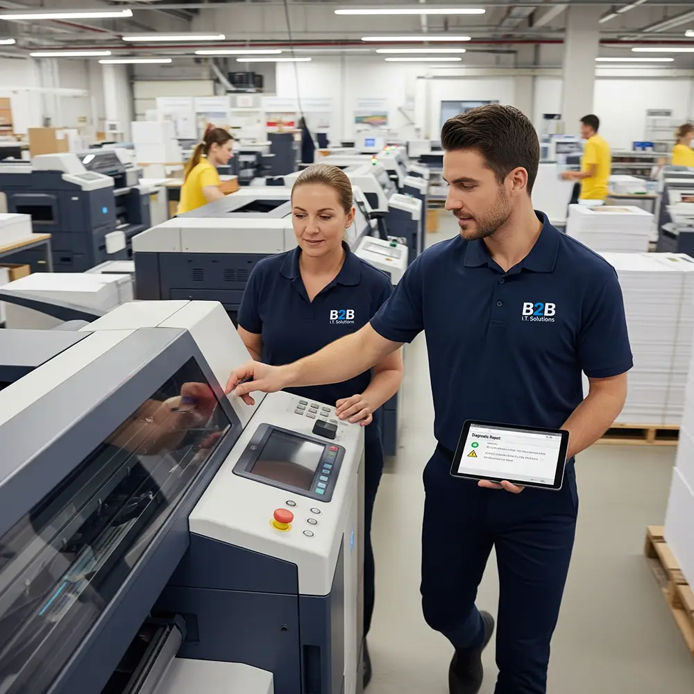 Two B2B IT Solutions techncians are on-site at a print shop, using a tablet to diagnose and fix a network issue on a large industrial printer.